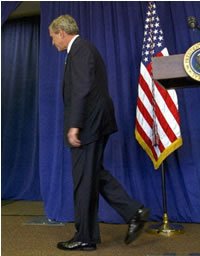 Bush walking off stage on July 8, refusing to answer reporters questions about his relationship with indicted Enron executive, Kenneth J. Lay. "Keep the motherfuckers away from me," he screamed at an aide backstage, if you can't, I'll find someone who can