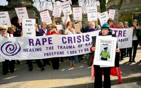 Maura Lane from Rathmines, Dublin, in front of a group of protesters outside the Dil at a protest organised by the National Women's Council of Ireland against the trivialisation of rape
