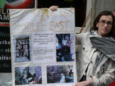 Dette McLaughlin (SWP) pictured yesterday at the Ireland-Palestine Solidarity Campaign stall in Shop street, Galway.