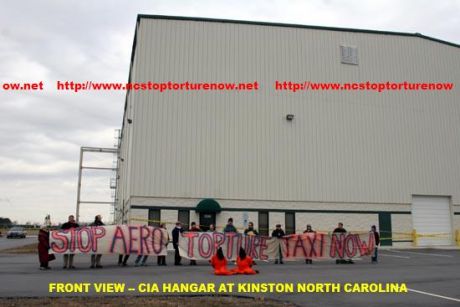 Protestors in front of CIA's Kinston, NC, hangar.