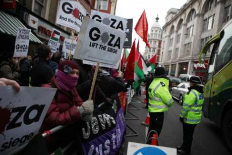 Protesters in London take to the streets near Israel's embassy on the second anniversary of the start of Israel's assault on Gaza, 27 December. (Matthew Cassel)