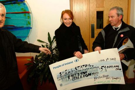 In Shell's foyer, Susan Shannon accepts cheque