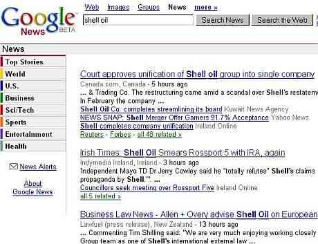 Google News 20:28 19 July 2005: Shell Oil searched