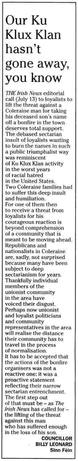 Irish News July 17 2007 - individual unionsts "have voiced their disgust". What about organised unionists? (CLICK TO READ)