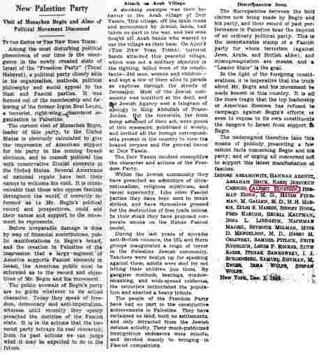Letter From ALBERT EINSTEIN 1948, comparing Political Zionism to Nazism