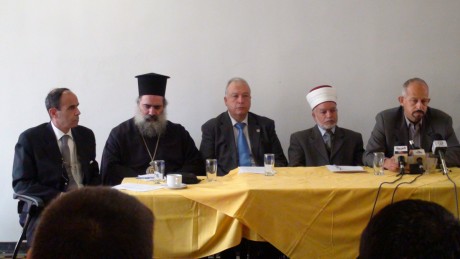 From L to R: Attendee who's identity escapes me, Archbishop Atallah Hanna, Dr. Rafiq Husseini,Sheikh Mohammad Hasan and Jamal Jumaa