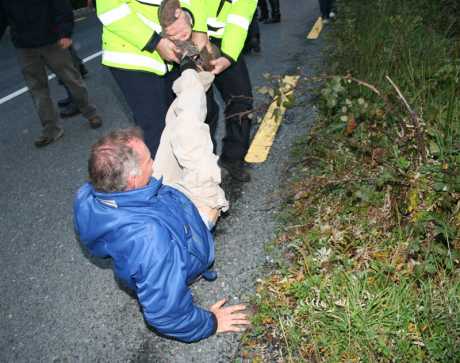 An old man is dragged into the ditch
