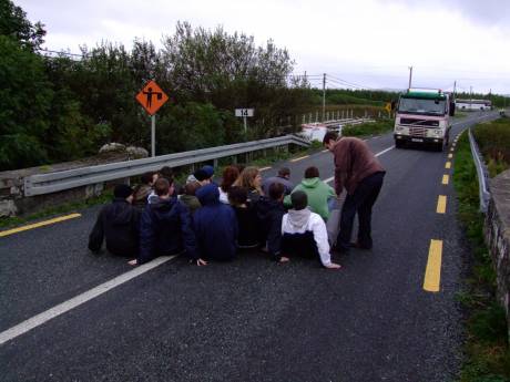 Sit-down blockade on the road.