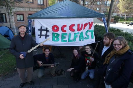 Billy Bragg with the gang at #OccupyBelfast (hurl in hand)