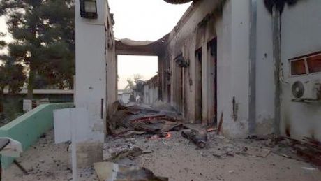 Photo: MSF. A destroyed area of the MSF hospital in Kunduz, Afghanistan is visible at first light on 03 October 2015, the morning after the facility was hit by sustained bombing