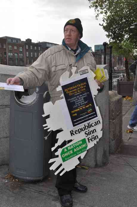 One of the RSF activists who took part in the 'International Day of Protest' at the Half'penny Bridge in Dublin on Sunday 25th October 2015.