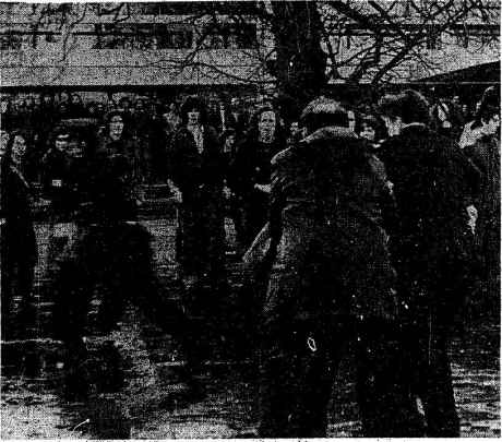 ''Gardai clash with UCD students on the Belfield Campus. Disturbances broke out while the Taoiseach was lunching at the university''. Anti-fees protest. Jan 31st 1975.